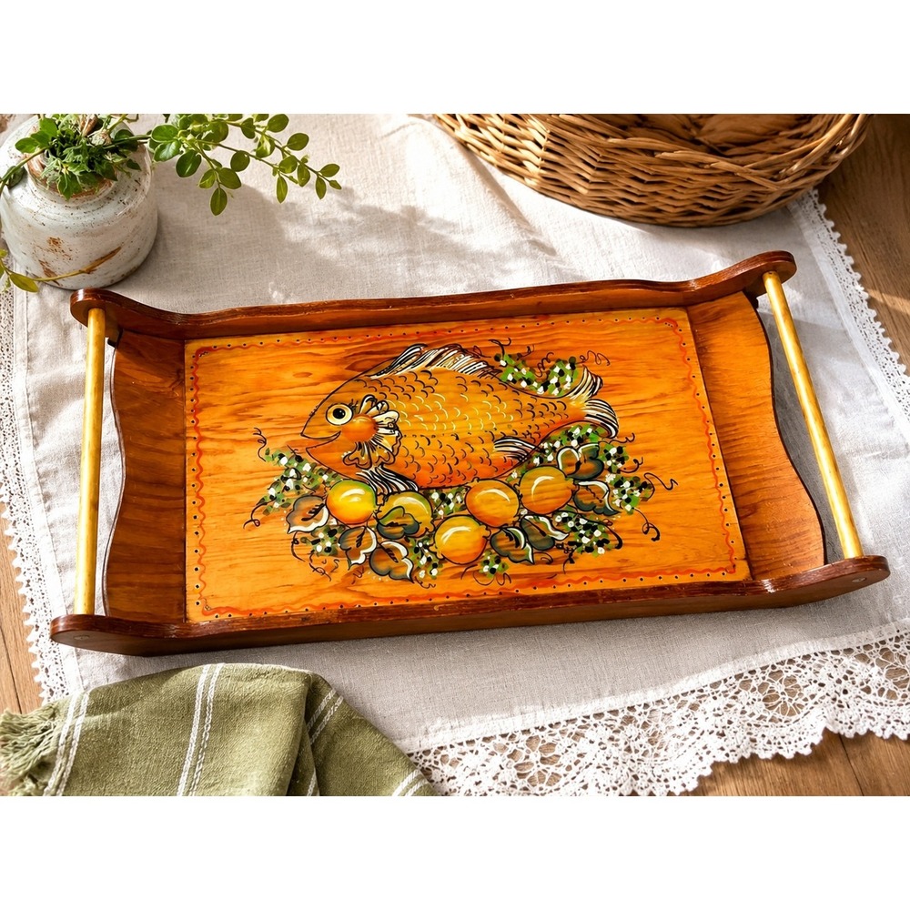 Vintage Painted Wood Serving Tray Fish Fruit Stone Lumber‎ Co Decatur AL